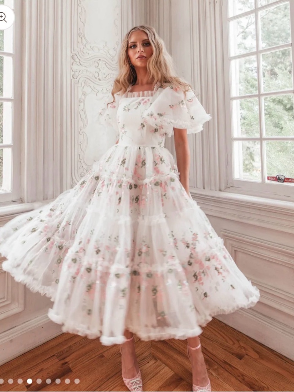 JessaKae White Midi Dress with Pink Floral Embroidery